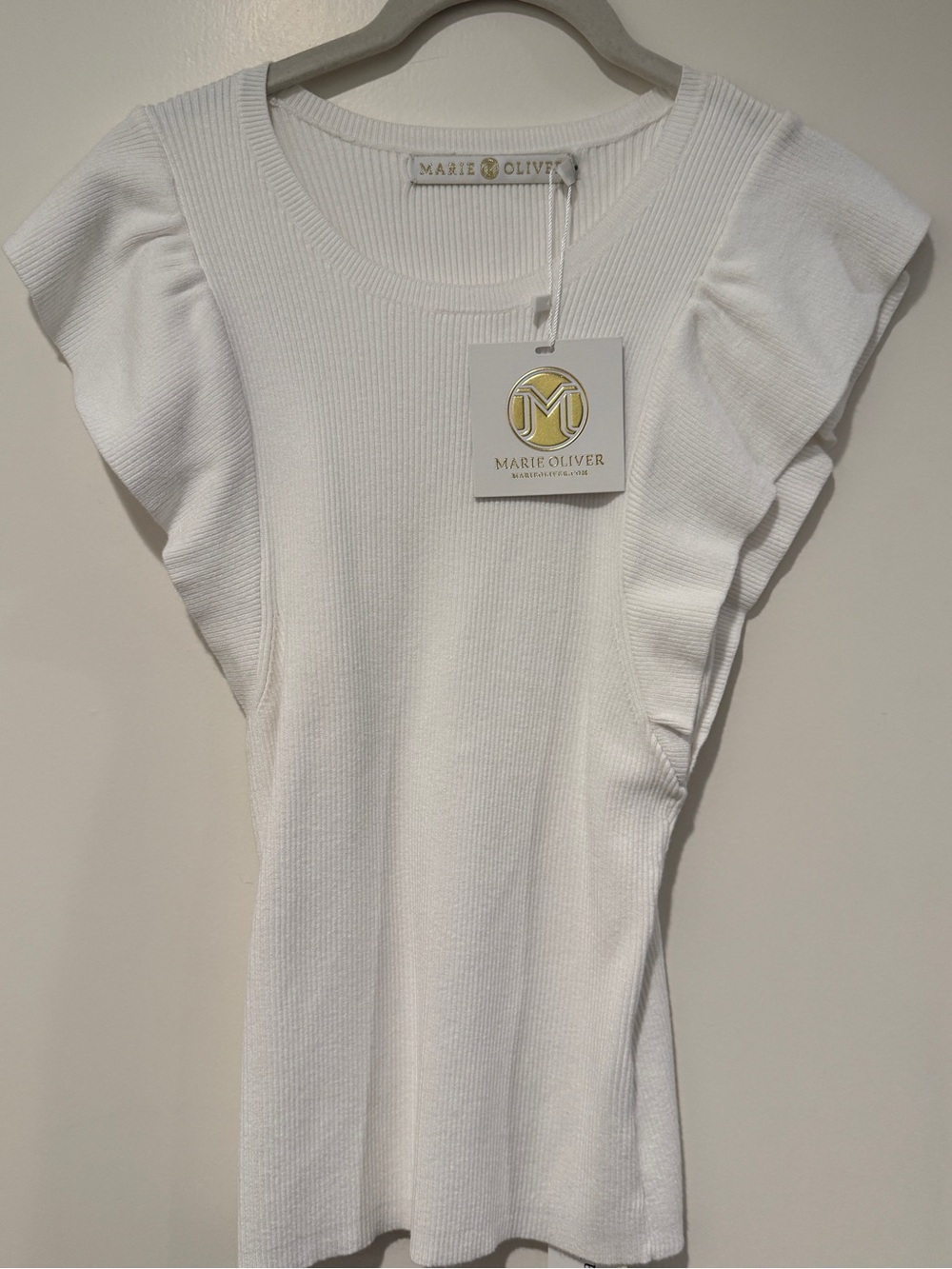 Marie Oliver White Ribbed Flutter Tank Top